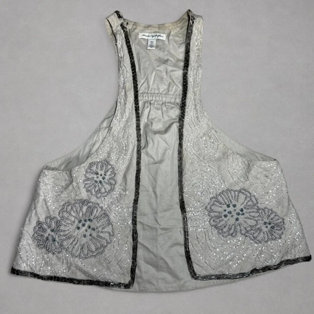 American Eagle Beaded Embroidered Boho Open Front Vest XS/S